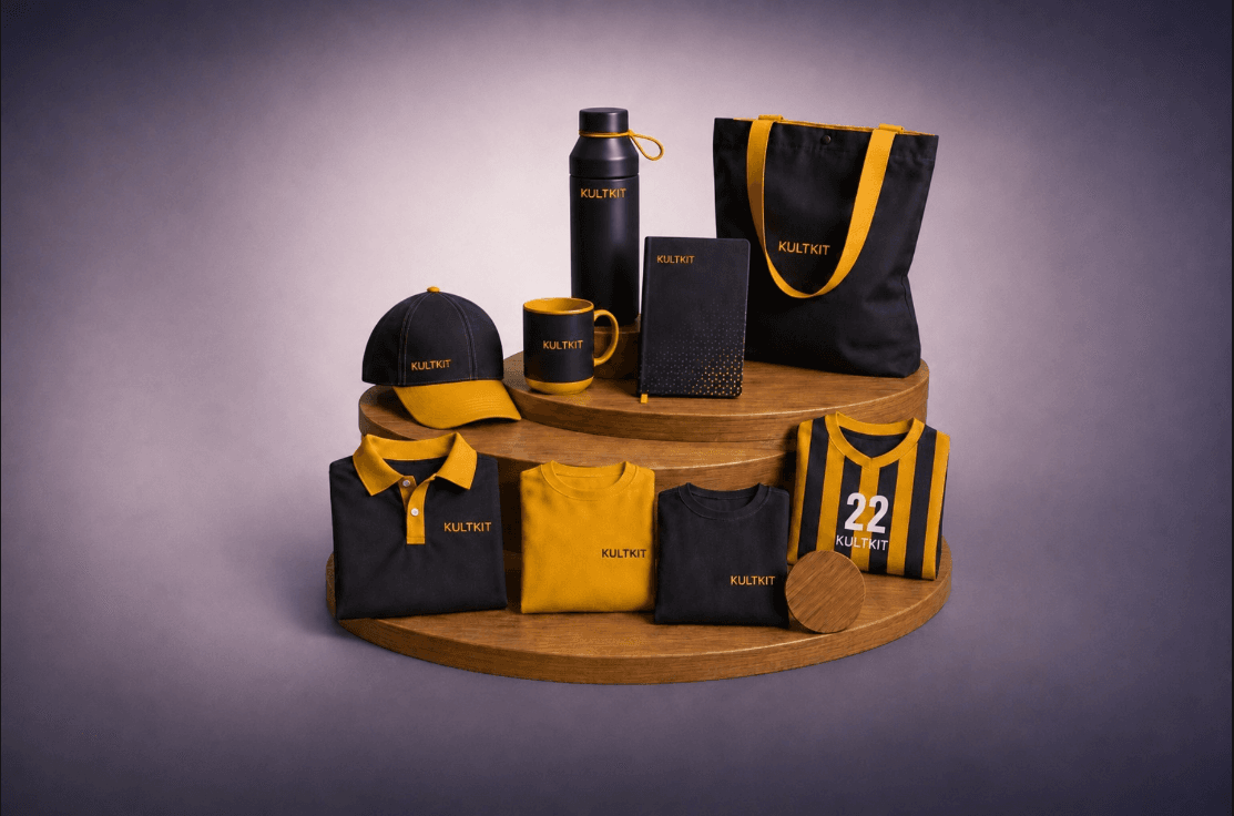 Kultkit branded merchandise collection including apparel, water bottle, tote bag and cap on a wooden display